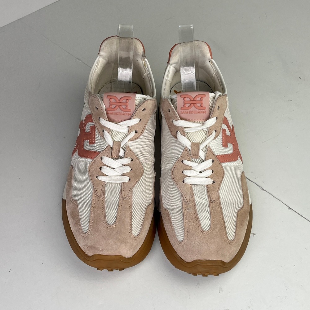 Sam Edelman Langley 3 Sneakers Womens 11M Cream Tan Coral Pink Mesh Suede Logo - Picture 2 of 16